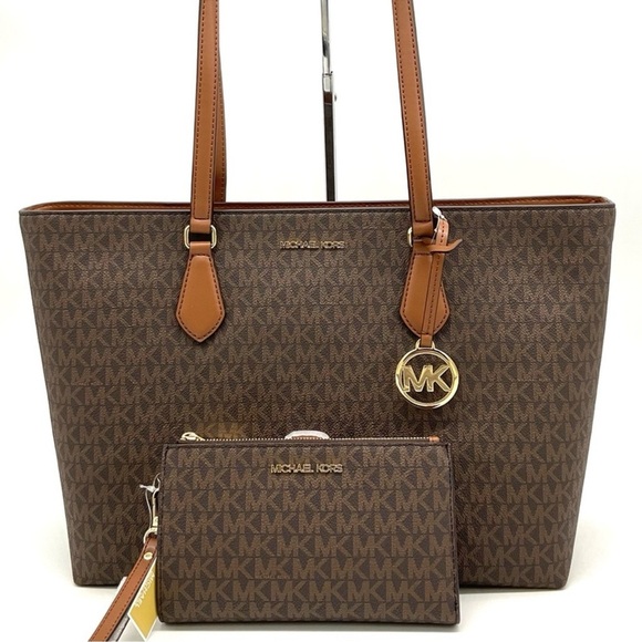 Michael Kors Bag Large Sheila Mf Tote Bag & Large Double Zip Wallet Brown/Gold - Picture 1 of 14